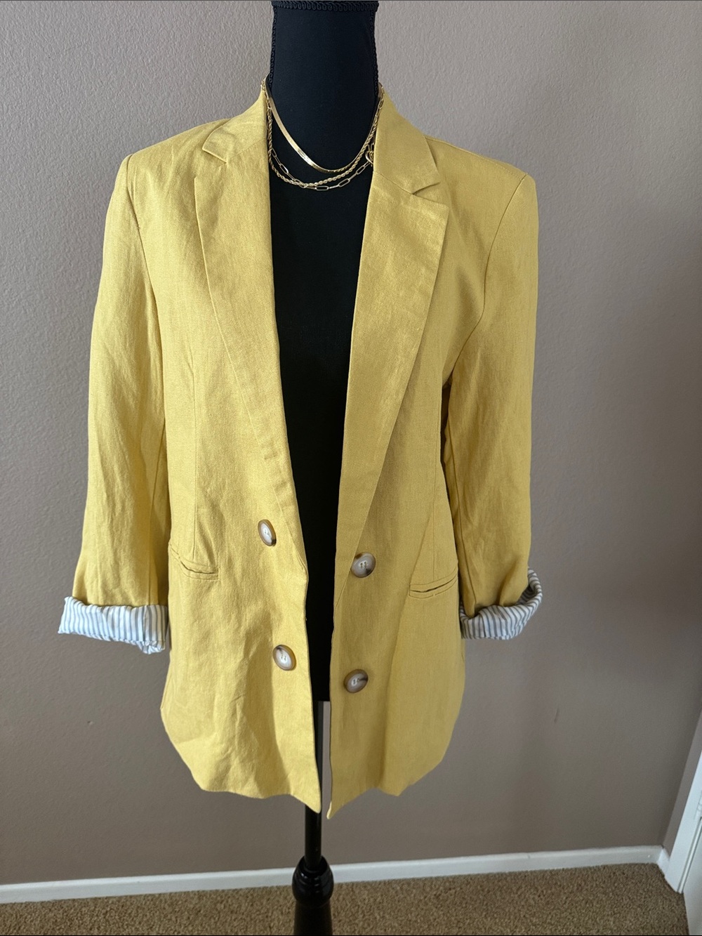 Halston Heritage Yellow Linen-Blend Double-Breasted Blazer M